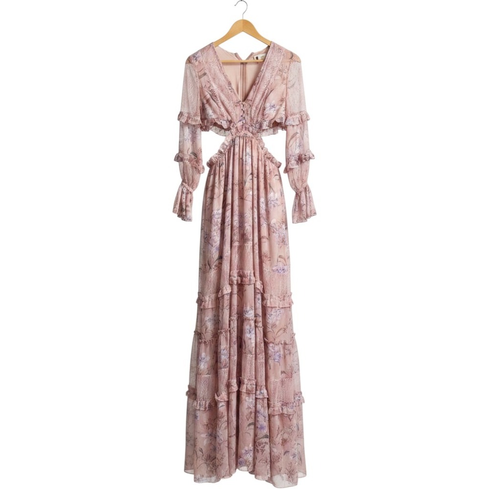 Romantic fairy ethereal Floral Cutout Maxi Dress Pink Long‎ Sleeve Small
